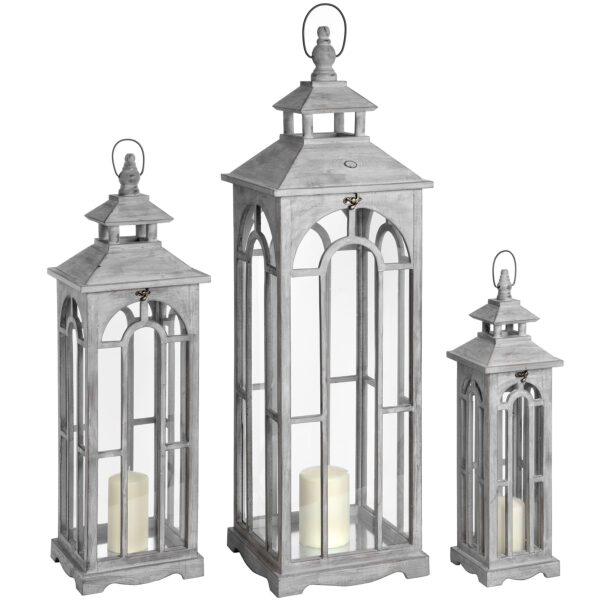 Set of Three Wooden Lanterns with Archway Design