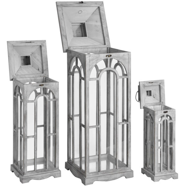 Set of Three Wooden Lanterns with Archway Design - Image 3