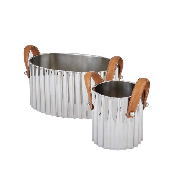 Large Silver Fluted Leather Handled Champagne Cooler - Image 3