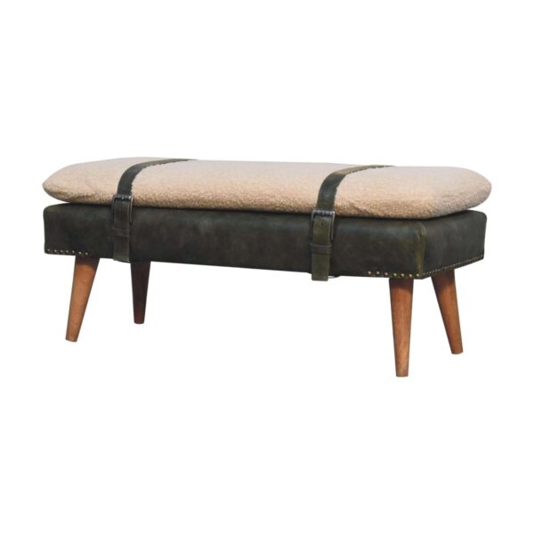 Bouclé Buffalo Hide Olive Green Leather Bench - Image 2