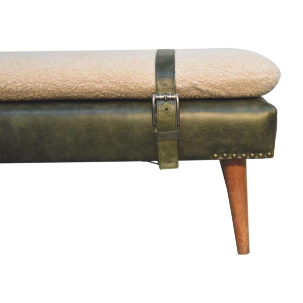 Bouclé Buffalo Hide Olive Green Leather Bench - Image 3