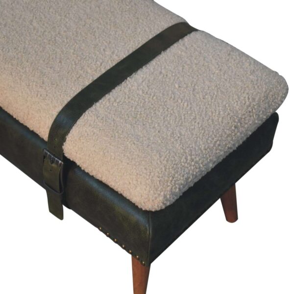 Bouclé Buffalo Hide Olive Green Leather Bench - Image 4