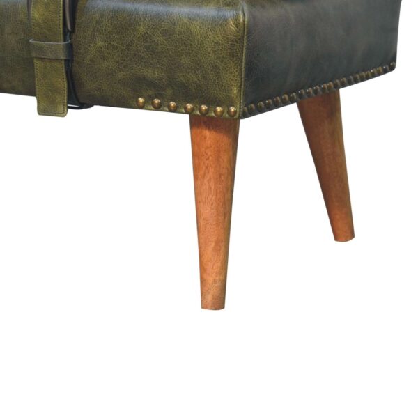 Bouclé Buffalo Hide Olive Green Leather Bench - Image 5